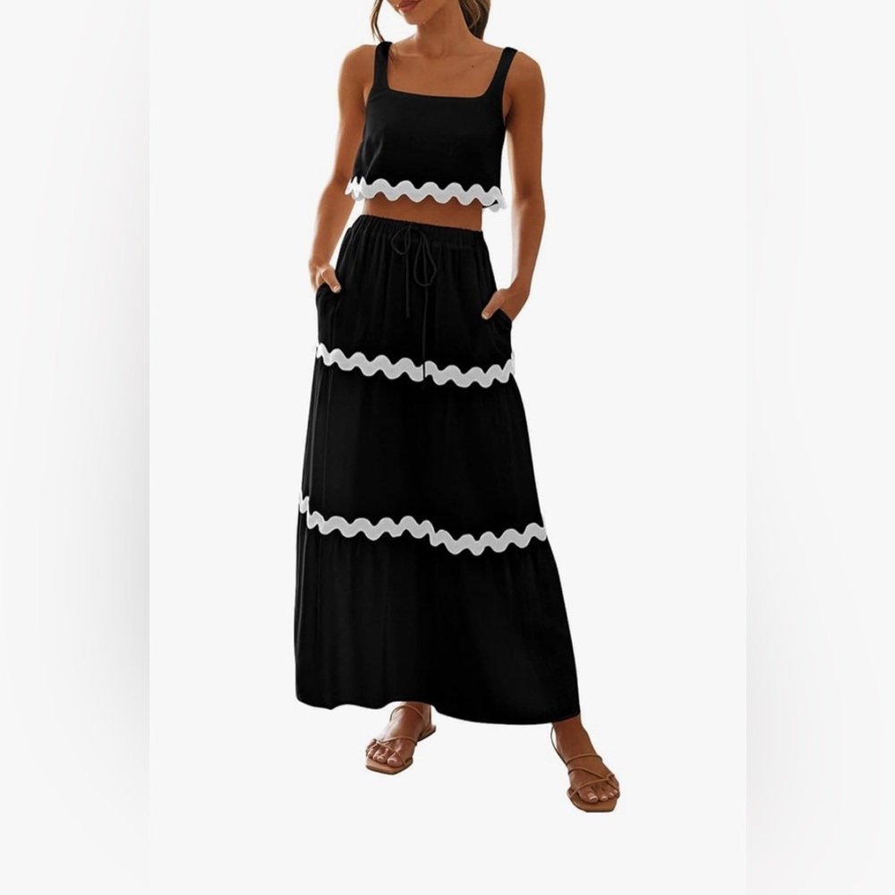 SHEIN Black and White Tiered Maxi Skirt & Top Resort Wear
